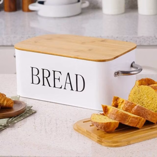 PAWNORA White Metal Bread Bin with Bamboo Cutting Board Lid