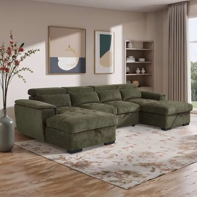 Furnishings For Less UK Alora Green Fabric U Shaped 5 Seater Sofa Bed with Adjustable Headrests and Storage – 1