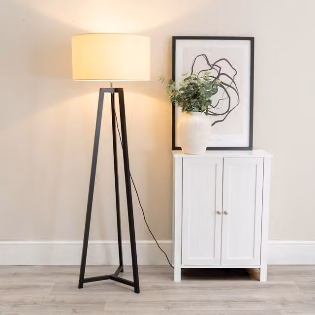 ValueLights Lottie Black Wood Tripod Floor Lamp with Beige Fabric Cylinder Shade, H 148 cm x W 45 cm x D 45 cm – 1