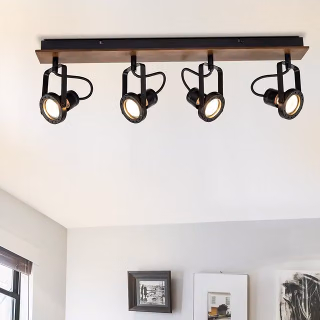 COSYLYTE Riverton 4 Light Spotlight with Walnut Wood and Metal Backplate in Black and Brown