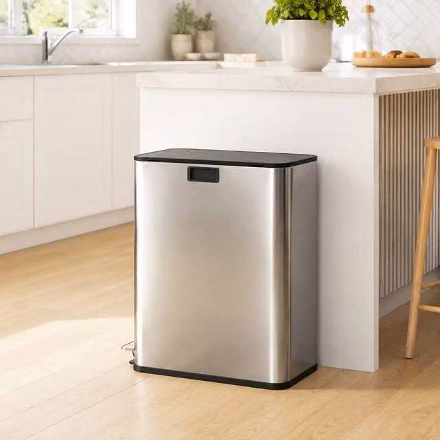 STILVORA Dual Compartment Stainless Steel Kitchen Pedal Bin with Soft Close and Removable Inner Buckets, Silver, 2 x 28L – 1