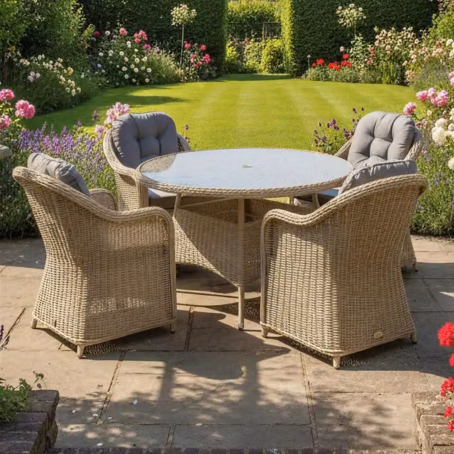 Oseasons Sicilia 4 Seat Rattan Dining Set with Glass Top in Sandy Oak