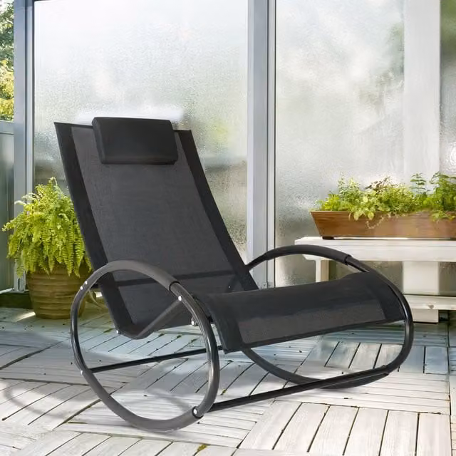 Outsunny Texteline Fabric Rocking Chair Sun Lounger in Black with Adjustable Headrest and Aluminium Frame