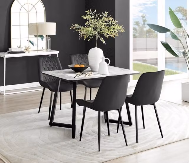 FurnitureboxUK Carson White Marble Effect Dining Table and 4 Pesaro Black Leg Chairs Set – 1
