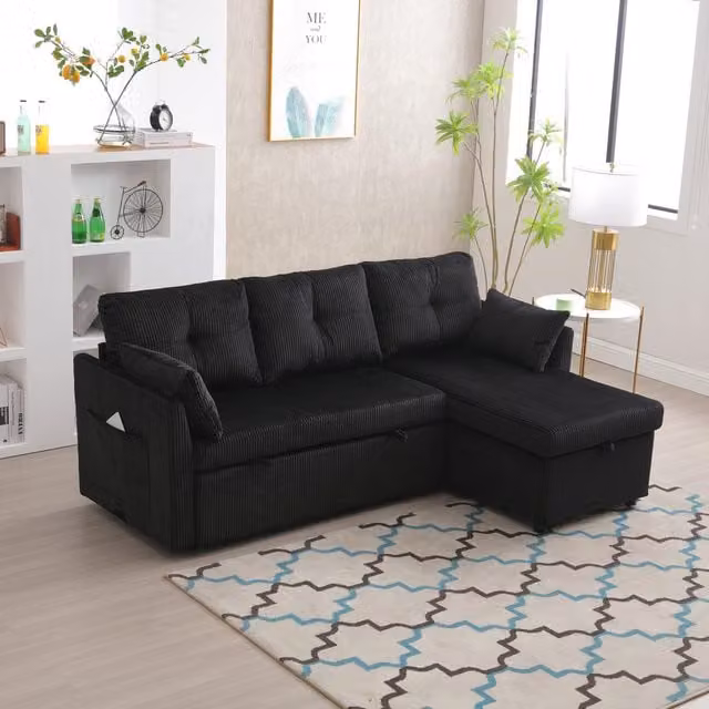 GOMYWAY Black Corduroy L-Shaped Sectional Sleeper Sofa with Reversible Storage Chaise, W/D/H: 206 x 130 x 88 cm – 1