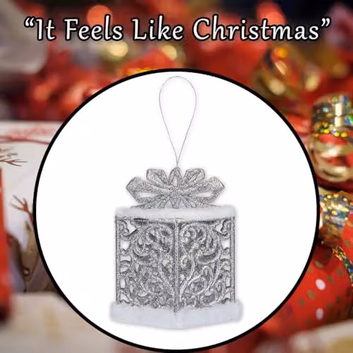 VFM e-Store Silver Geometric Gift Box Hanging Christmas Decoration, W: 13 cm, H: 12 cm – 6