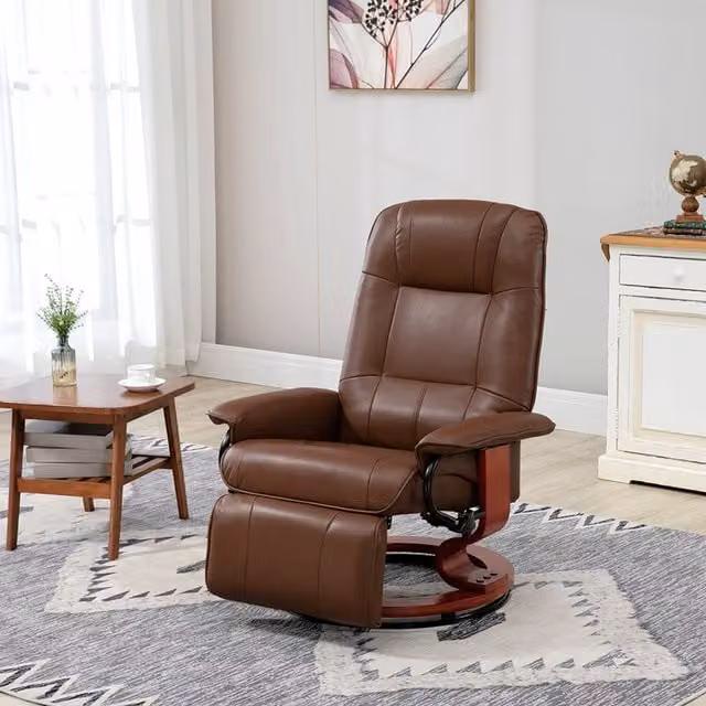HOMCOM Brown Synthetic Leather Recliner Chair with Solid Wood Frame and 360 Degree Swivel