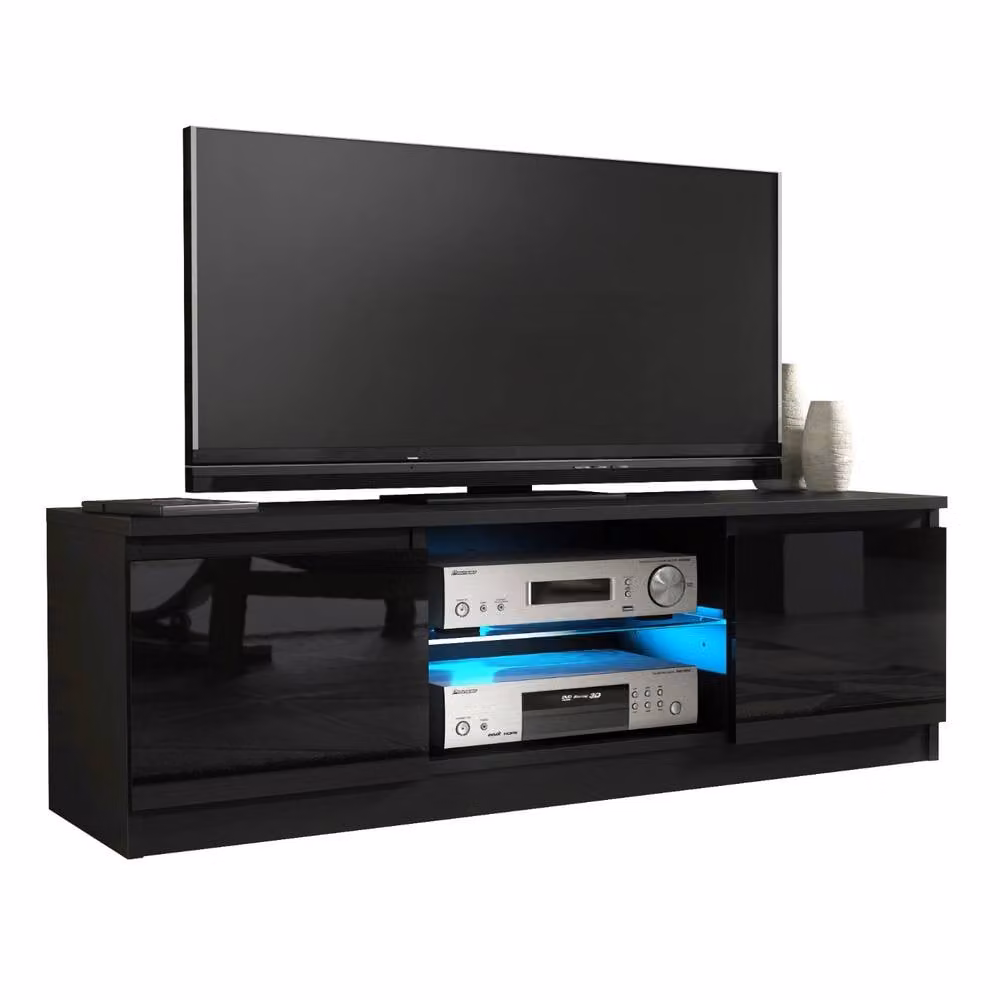 Creative Furniture Aura Modern TV Unit in Black with Glossy Glass Doors and Integrated Lighting, W: 120 cm, D: 38 cm, H: 40 cm – 3