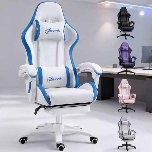 ERGOVEXA Blue and White Synthetic Leather Gaming Chair with Headrest and Swivel Castors – 1