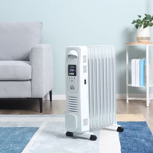 HOMCOM Digital Oil Filled Radiator 9 Fin Portable Electric Heater, White