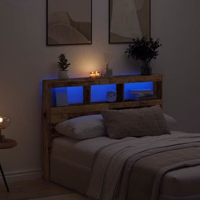 Berkfield Home Modern Wall Mount Headboard Cabinet with LED Lighting and USB Charging Port in Brown, W/D/H: 140 x 17 x 102 cm