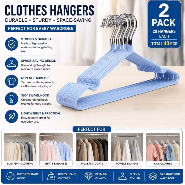 ATEK 40 Pack Non-Slip Rubber-Coated Metal Clothes Hangers in Blue
