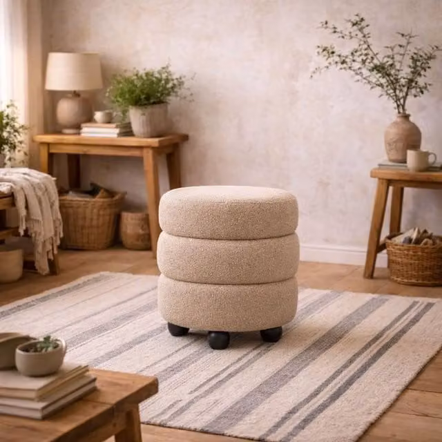 Wyld Haus Antipodes Round Bouclé Pouffe in Beige with Pine Wood Frame, Diameter: 43 cm, Height: 49.5 cm – 1