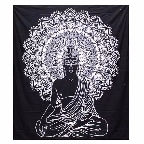 KDMD Buddha Double Cotton Bedspread and Wall Hanging Set in Black and White – 1