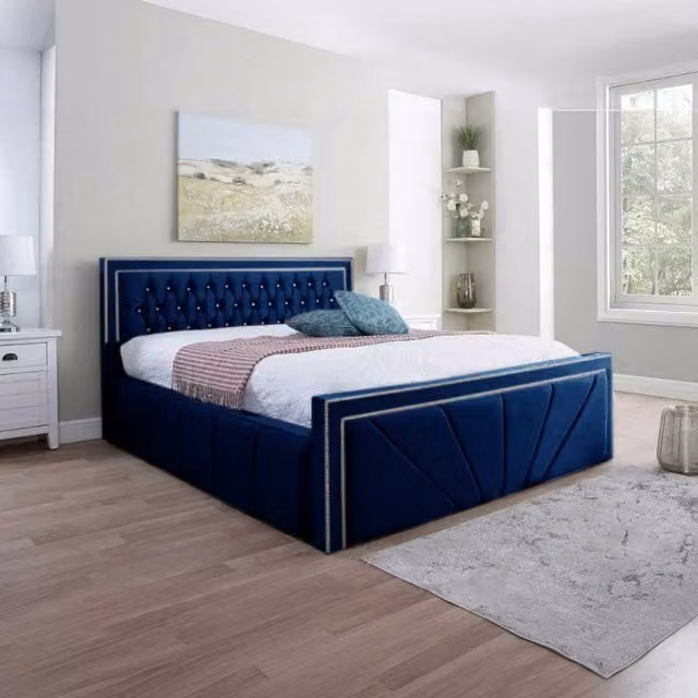 Desire Deco Blue Velvet Chesterfield Upholstered Superking Bed Frame, W/D/H: 200 x 200 cm