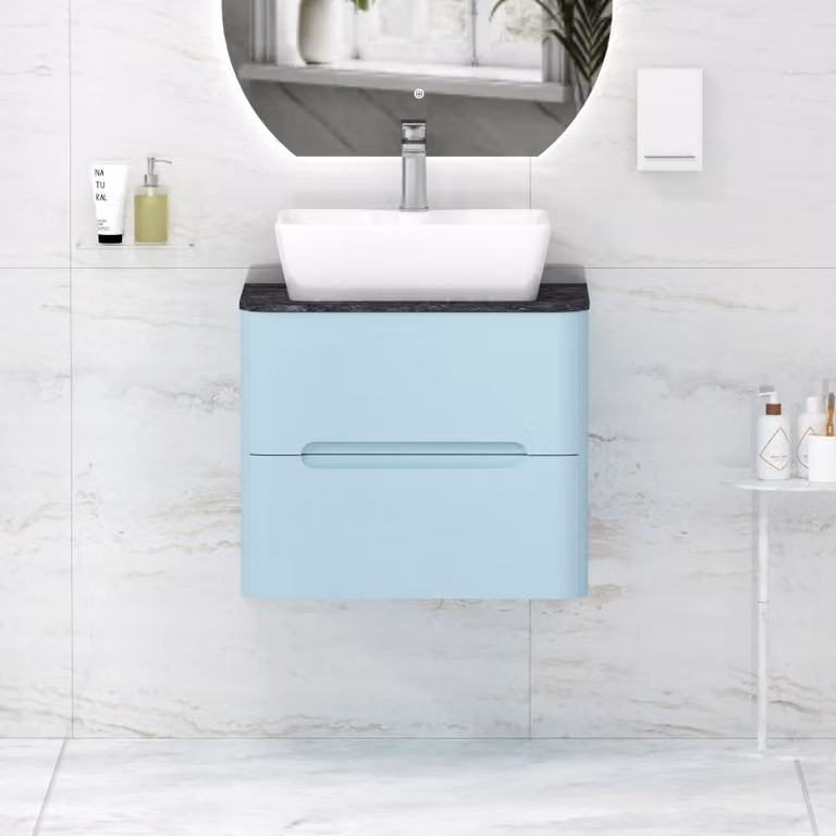 Royal Bathrooms Venice Wall Hung Vanity Unit with 2 Drawers and Cube Basin, Powder Blue and Black Star Worktop, W: 60 cm