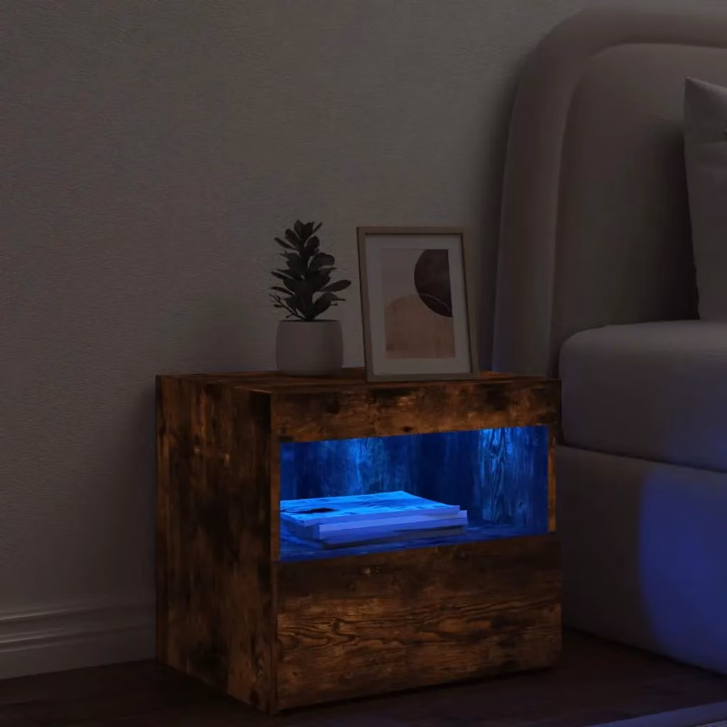 Berkfield Home Bedside Cabinet with Integrated LED Lights in Smoked Oak Brown, W: 50 cm, D: 40 cm, H: 45 cm – 2