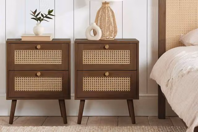 Birlea Croxley Pair of Rattan 2 Drawer Bedside Cabinets in Walnut Brown