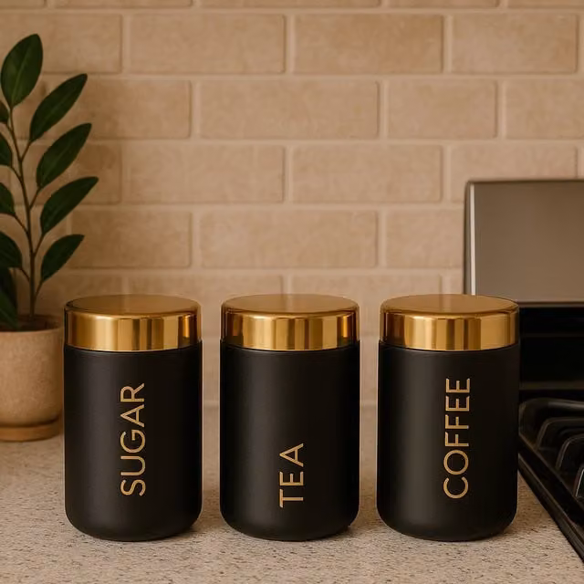 Orsina Maison by Premier Liberty Set of 3 Black and Gold Enamel Airtight Tea, Coffee and Sugar Canisters