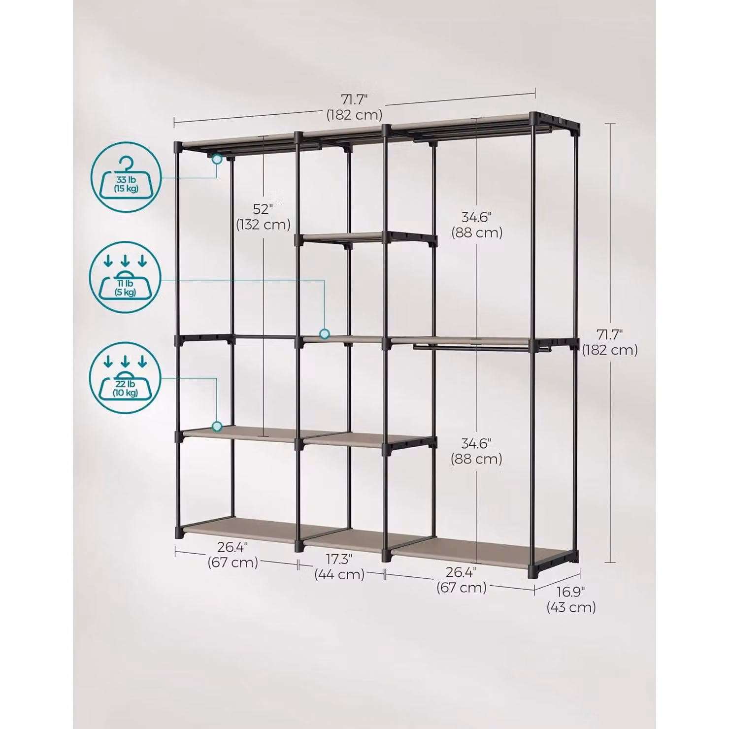 SONGMICS Freestanding Open Clothes Rack with Rails and Fabric Shelves in Beige – 2