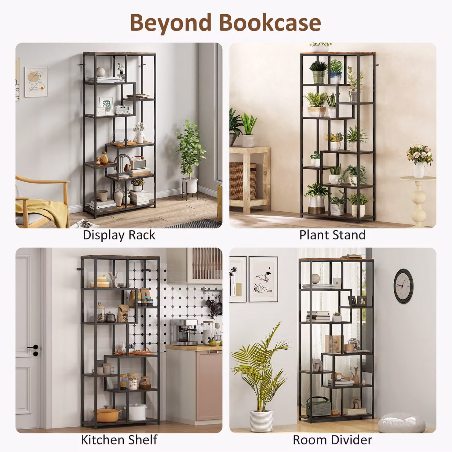HOMCOM Seven-Tier Geometric Minimalist Metal Bookcase in Brown and Black – 4