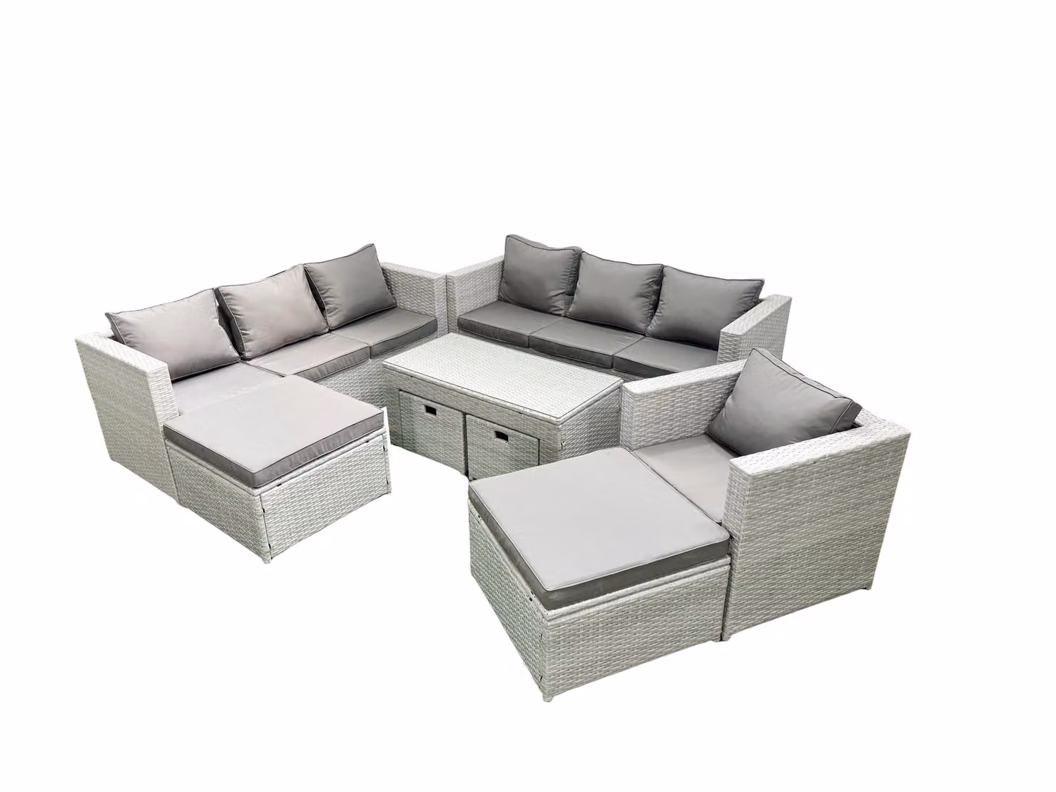 Fimous 11 Seater Rattan Garden Furniture Set in Light Grey with Grey Cushions, Coffee Table, Armchairs and Ottoman – 2