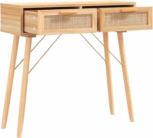 Berkfield Home Decorative Console Table in Light Tan Brown, Solid Pine Wood and Rattan, W/D/H: 80 x 30 x 75 cm – 1
