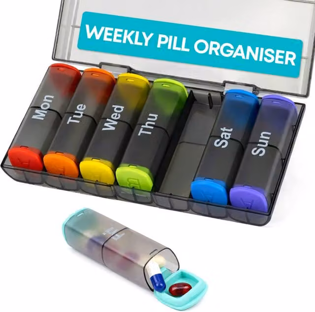 FINEWAY Weekly Pill Organiser 7 Day AM PM Storage Box in Black Transparent Multicolour – 1
