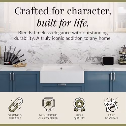 Balterley White Ceramic Butler Sink with Mono French Classic Crosshead Mixer Tap and Waste, Single Bowl Apron Front Design, White/Chrome – 2