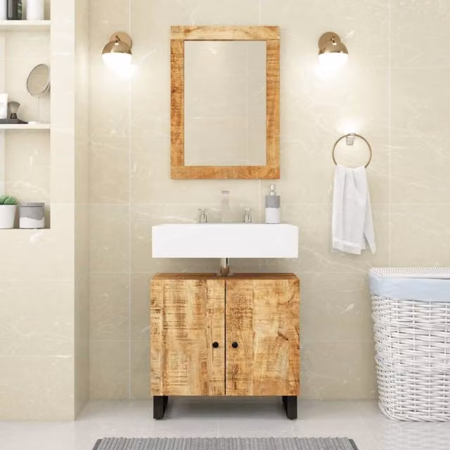 Berkfield Home Freestanding Industrial Sink Cabinet in Brown Mango and Engineered Wood, W/D/H: 62 x 33 x 58 cm