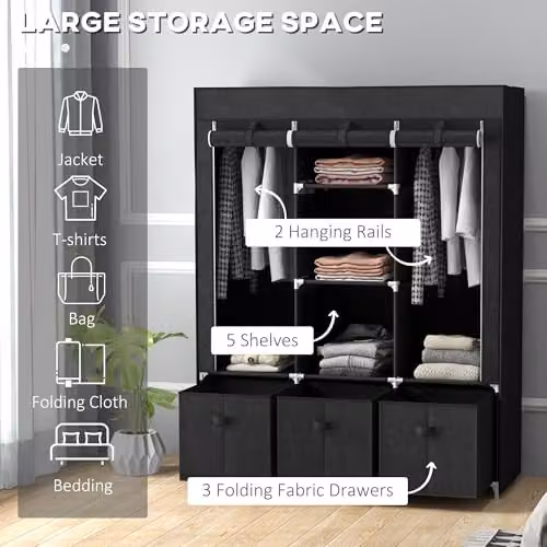 HOMCOM Black Fabric Wardrobe with Roll Shutter, Hanging Rod, Internal Shelves and Drawers – 3