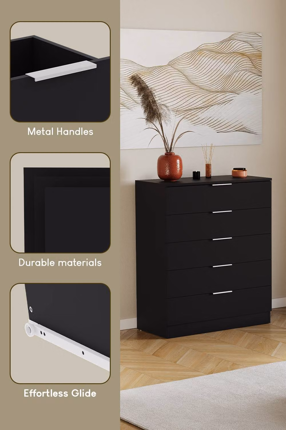 Vida Designs Trega 5 Drawer Chest of Drawers in Black – 3