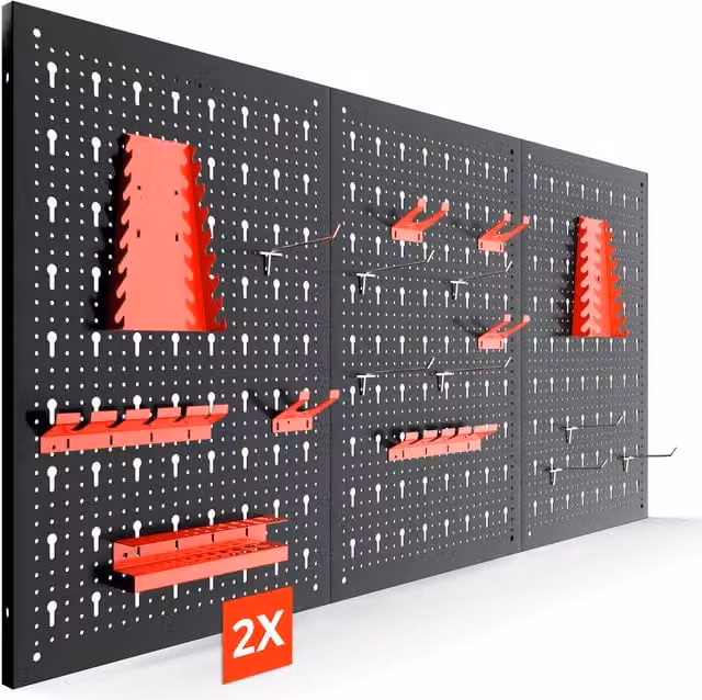 AREBOS Red and Black Steel Tool Wall with 6 Perforated Panels and 34-Piece Hook Set
