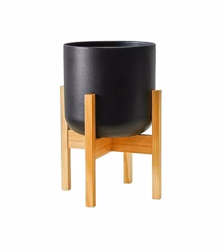Ivyline Lisbon Ceramic Pot and Wood Stand, Anthracite, W/D/H: 20.5 x 20.5 x 34.5 cm
