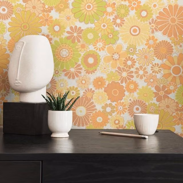 A.S. Création Retro Floral Botanical Wallpaper in Yellow and Orange