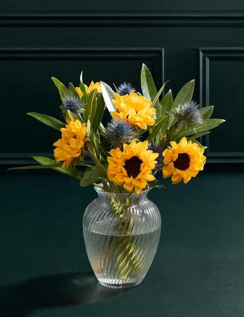 M&S Flower Market Sunflower Abundance Floral Bouquet with Glass Vase in Yellow, Blue and Green
