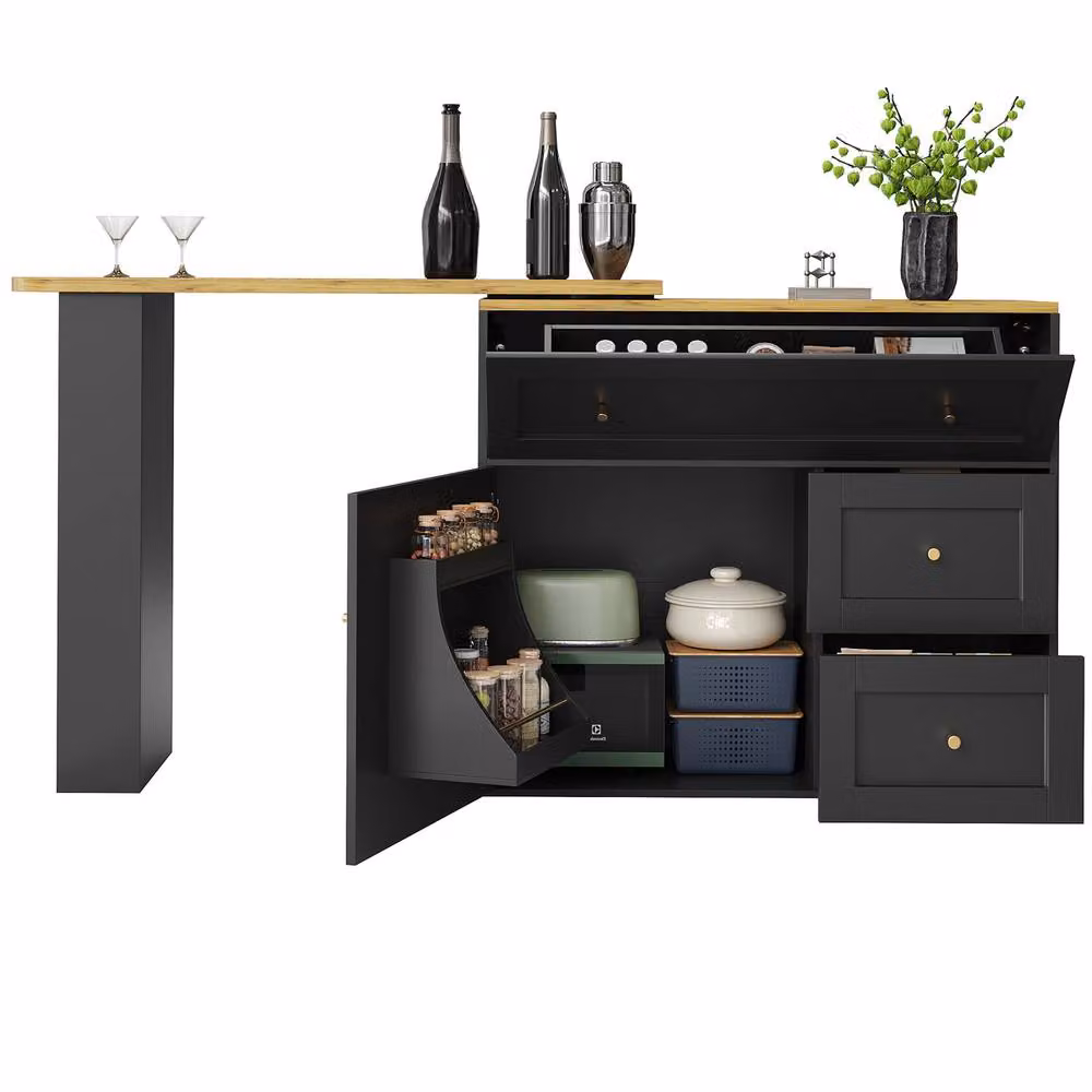 Rolipo Black Extendable Bar Table with Storage and Rotating Kitchen Island – 7
