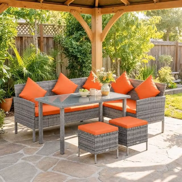 STILVORA 5-Piece Modern Garden Dining Set with Orange Polyrattan and Glass Table