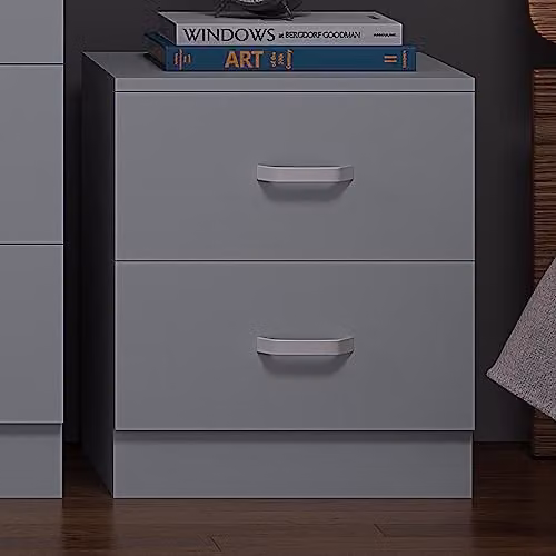 FWStyle Matt Grey 2 Drawer Bedside Table with Chrome Handles W: 47 cm, D: 40 cm, H: 39 cm – 2