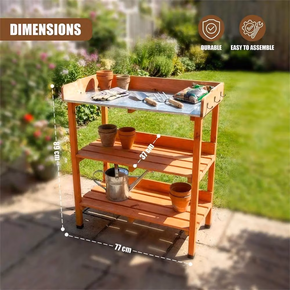 Nordara Brown Wooden Potting Bench with Metal Top and Shelves – 2