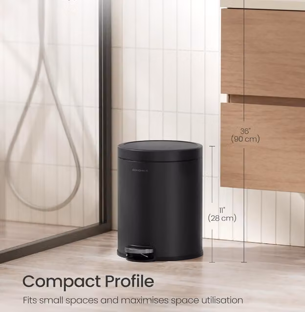 SONGMICS Steel Bathroom Pedal Bin with Soft-Close Lid and Removable Inner Bucket, Black