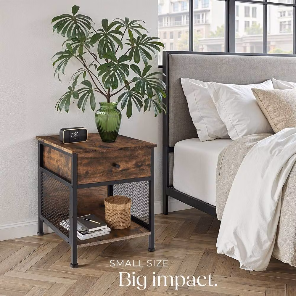 tectake Killarney Bedside Table with Shelf, Drawer and Open Storage in Brown – 8