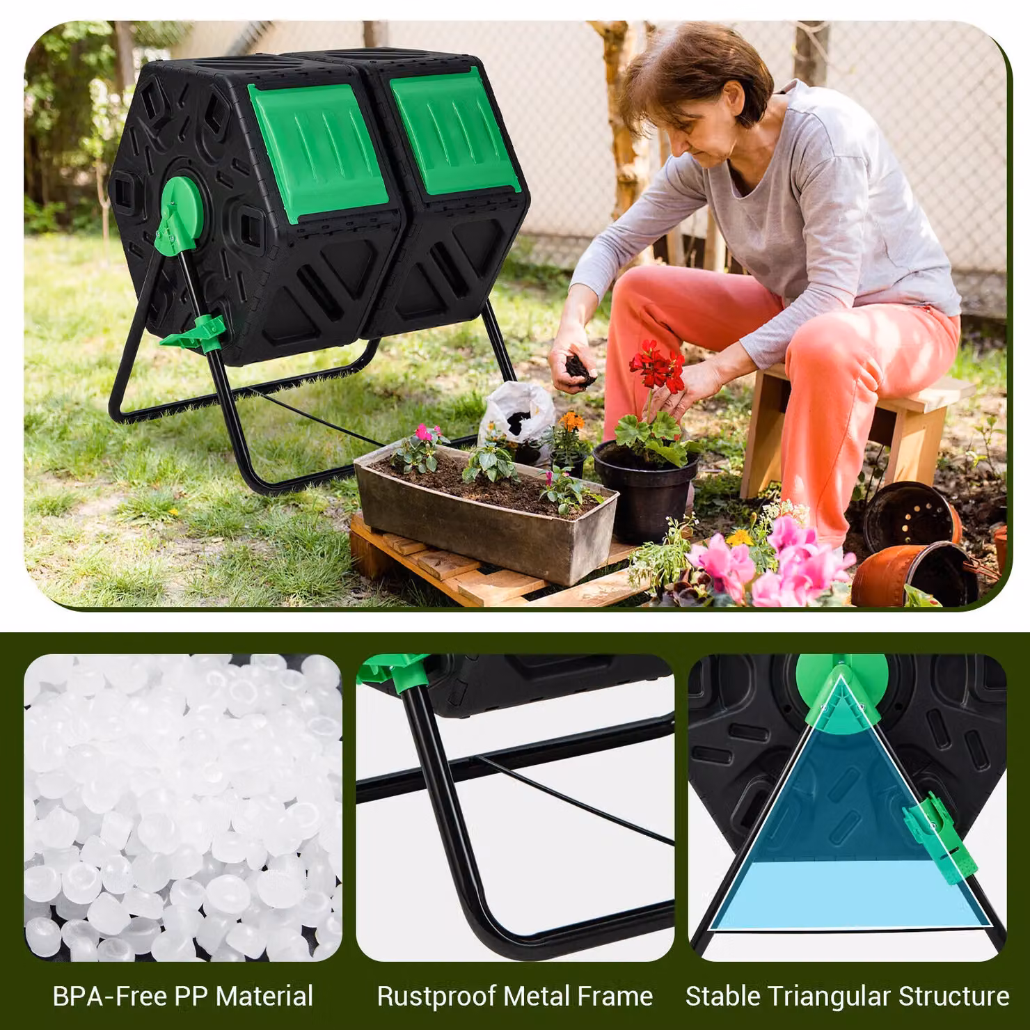 Costway Dual Chamber Garden Compost Bin with Sliding Doors, 130L, Black – 9