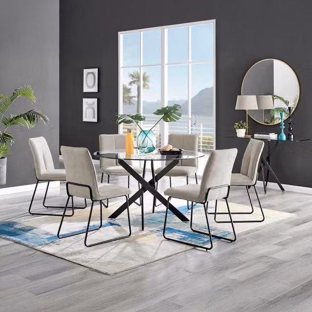 FurnitureboxUK Novara Round Glass Dining Table with 6 Halle Chairs in Black and Beige, Diameter: 120 cm
