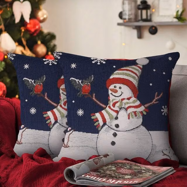 Velosso Snowman Snowflakes Filled Christmas Cushion, Multicolour and Blue, W/D/H: 43 x 43 x 43 cm