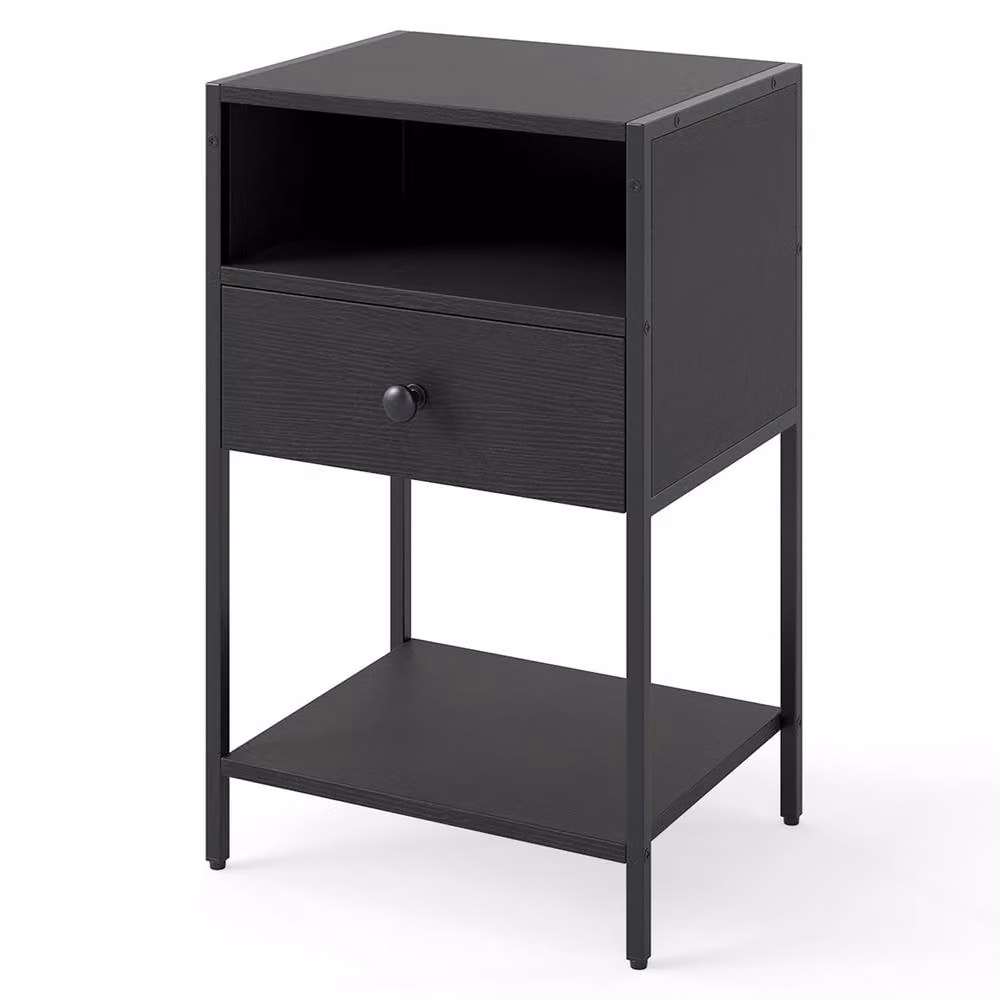Gymax Industrial Nightstand with Drawer and Open Shelf, Black Farmhouse Bedside Table – 2