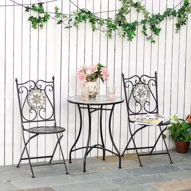 Outsunny 3 Piece Mediterranean Mosaic Tile Garden Bistro Set in Grey