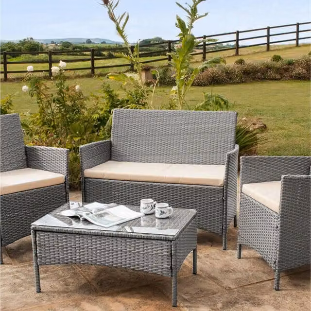 Comfy Living Modern 4 Piece Rattan Garden Furniture Set with Glass Top in Grey
