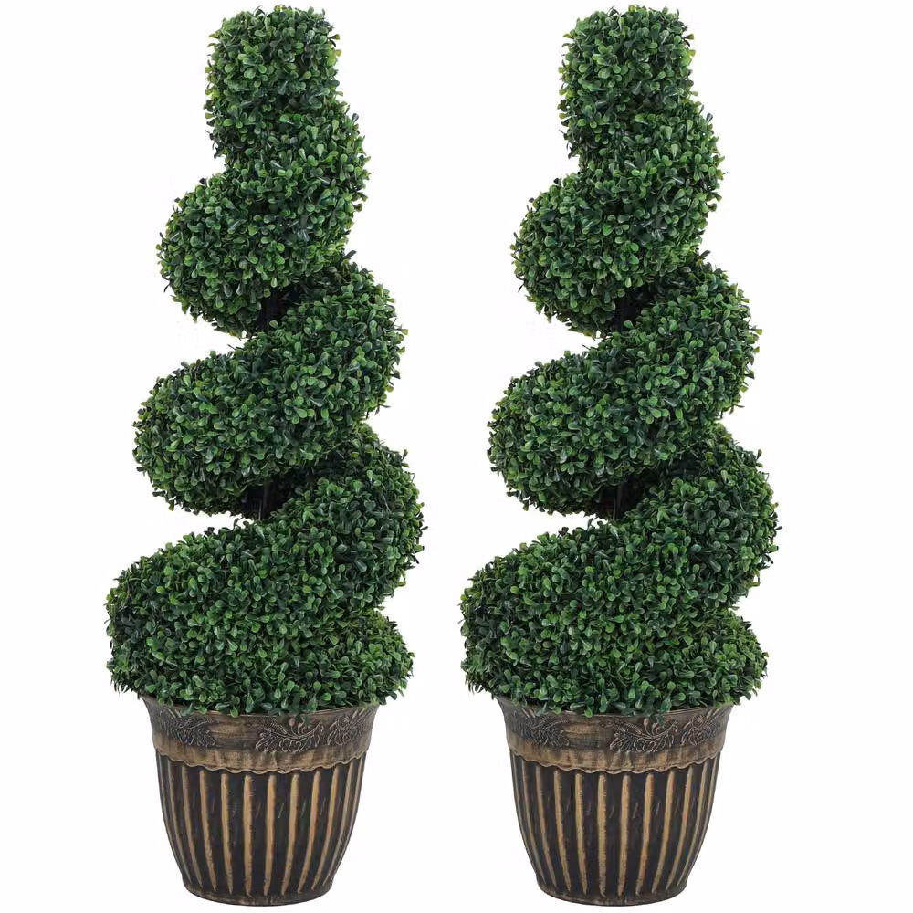 HOMCOM Set of 2 Potted Artificial Spiral Boxwood Trees in Light Green, Height: 90 cm – 2