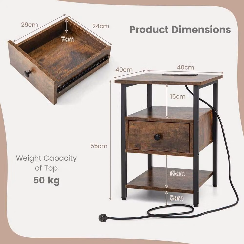 Kelvenix 3-Tier Industrial Nightstand and Side Table in Brown – 2